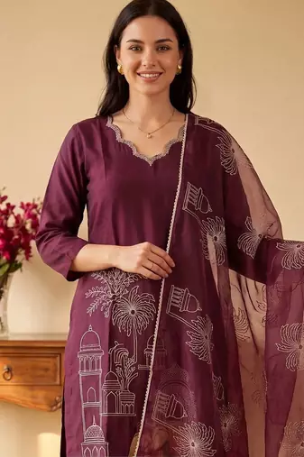 women ethnic motifs embroidered regular thread work kurta with trousers & with dupatta
