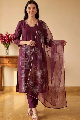 women ethnic motifs embroidered regular thread work kurta with trousers & with dupatta