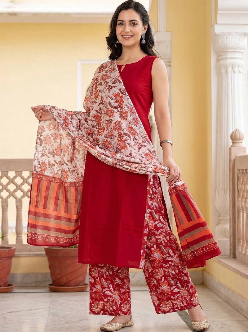 women floral regular cotton kurta with palazzos & with dupatta