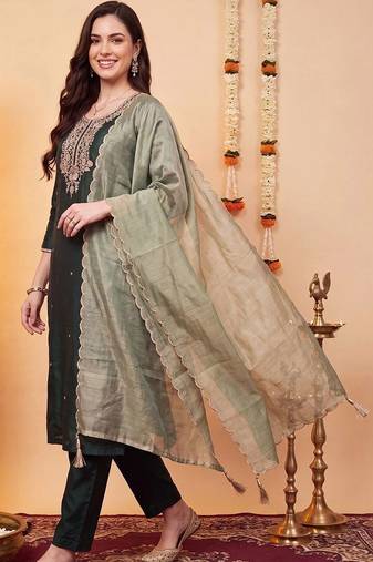 women ethnic motifs embroidered regular thread work liva kurta with trousers & with dupatta