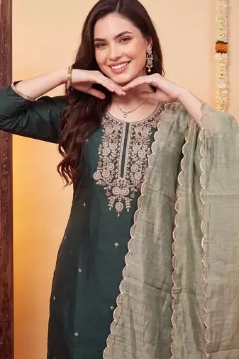 women ethnic motifs embroidered regular thread work liva kurta with trousers & with dupatta