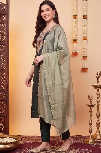 women ethnic motifs embroidered regular thread work liva kurta with trousers & with dupatta
