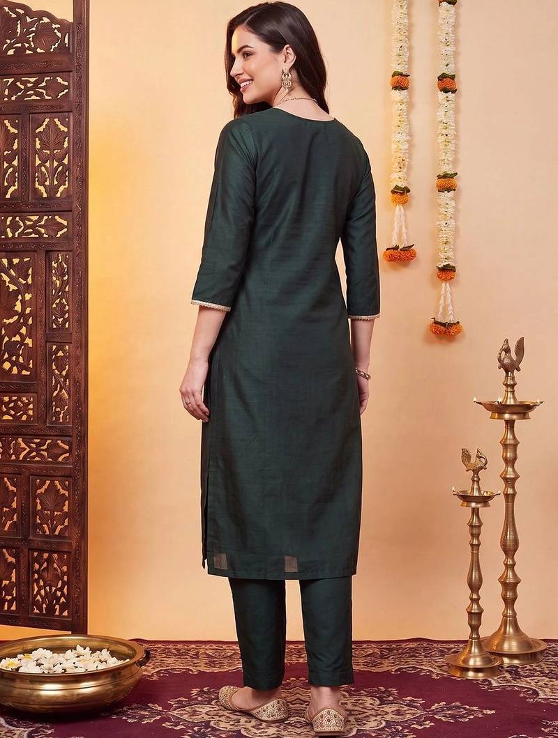 women ethnic motifs embroidered regular thread work liva kurta with trousers & with dupatta