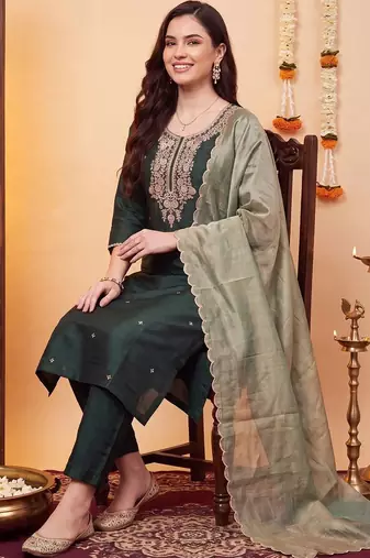 women ethnic motifs embroidered regular thread work liva kurta with trousers & with dupatta