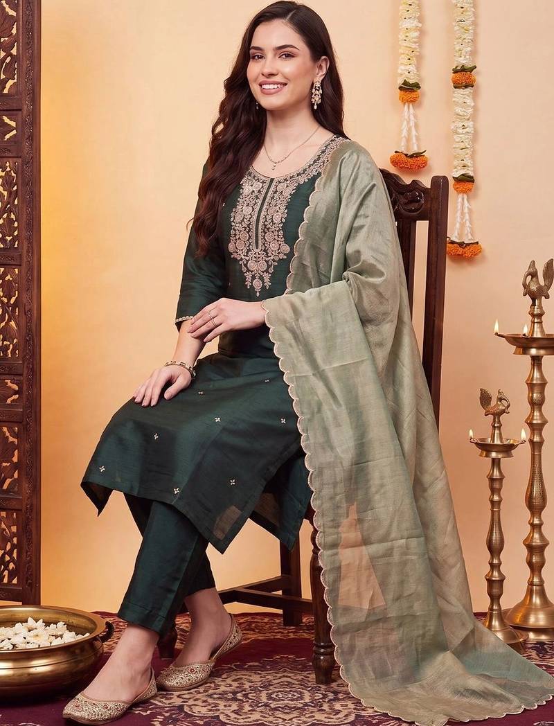 women ethnic motifs embroidered regular thread work liva kurta with trousers & with dupatta