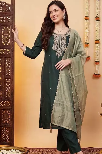 women ethnic motifs embroidered regular thread work liva kurta with trousers & with dupatta