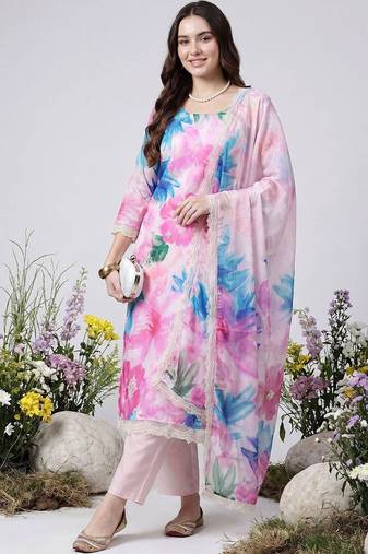 women floral printed regular thread work kurta with trousers & with dupatta