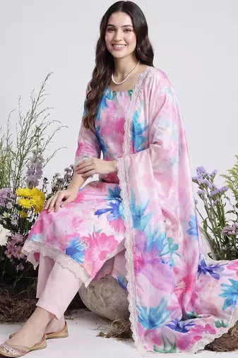 women floral printed regular thread work kurta with trousers & with dupatta