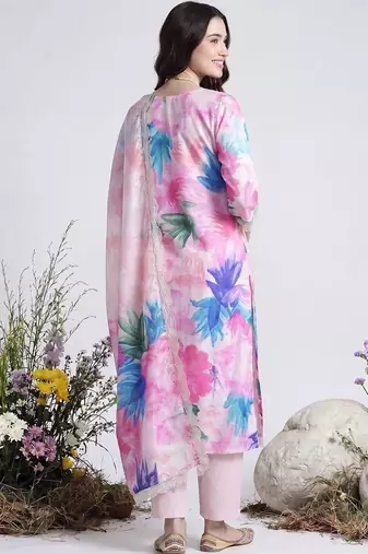 women floral printed regular thread work kurta with trousers & with dupatta