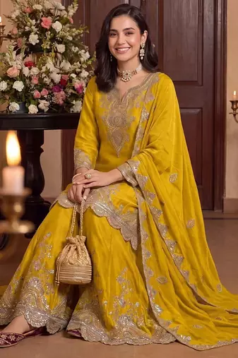 women ethnic motifs embroidered regular sequinned kurta with palazzos & with dupatta