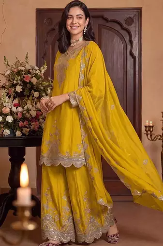 women ethnic motifs embroidered regular sequinned kurta with palazzos & with dupatta