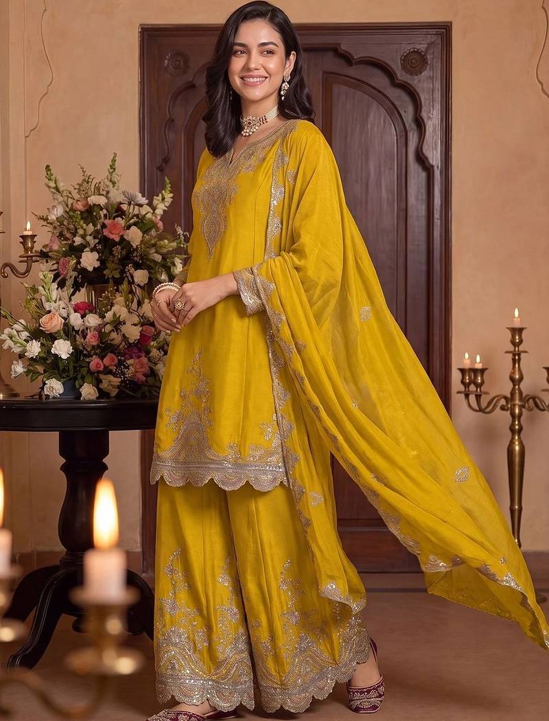 women ethnic motifs embroidered regular sequinned kurta with palazzos & with dupatta
