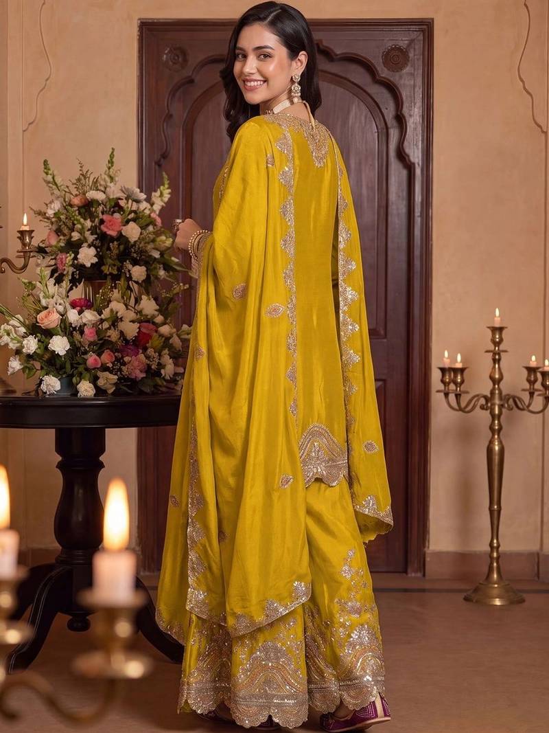 women ethnic motifs embroidered regular sequinned kurta with palazzos & with dupatta