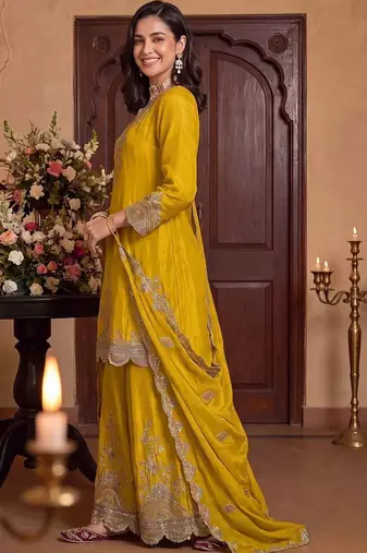 women ethnic motifs embroidered regular sequinned kurta with palazzos & with dupatta