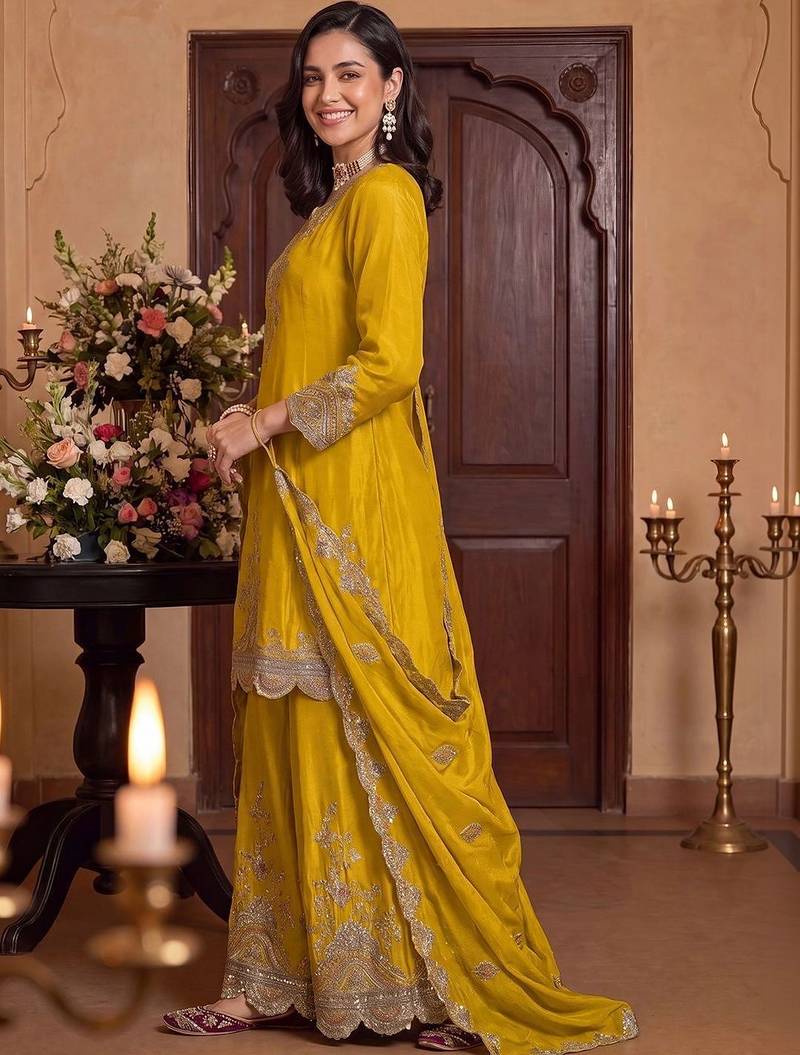 women ethnic motifs embroidered regular sequinned kurta with palazzos & with dupatta