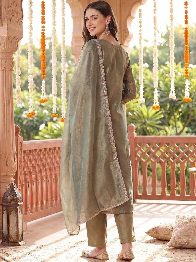 women ethnic motifs embroidered regular liva kurta with trousers & with dupatta