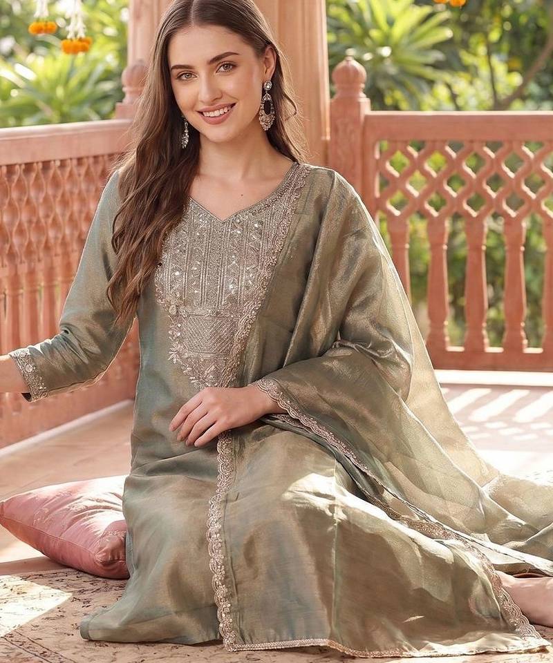 women ethnic motifs embroidered regular liva kurta with trousers & with dupatta