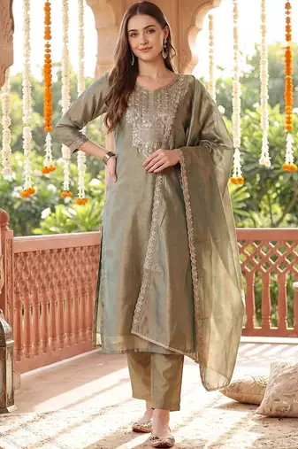 women ethnic motifs embroidered regular liva kurta with trousers & with dupatta