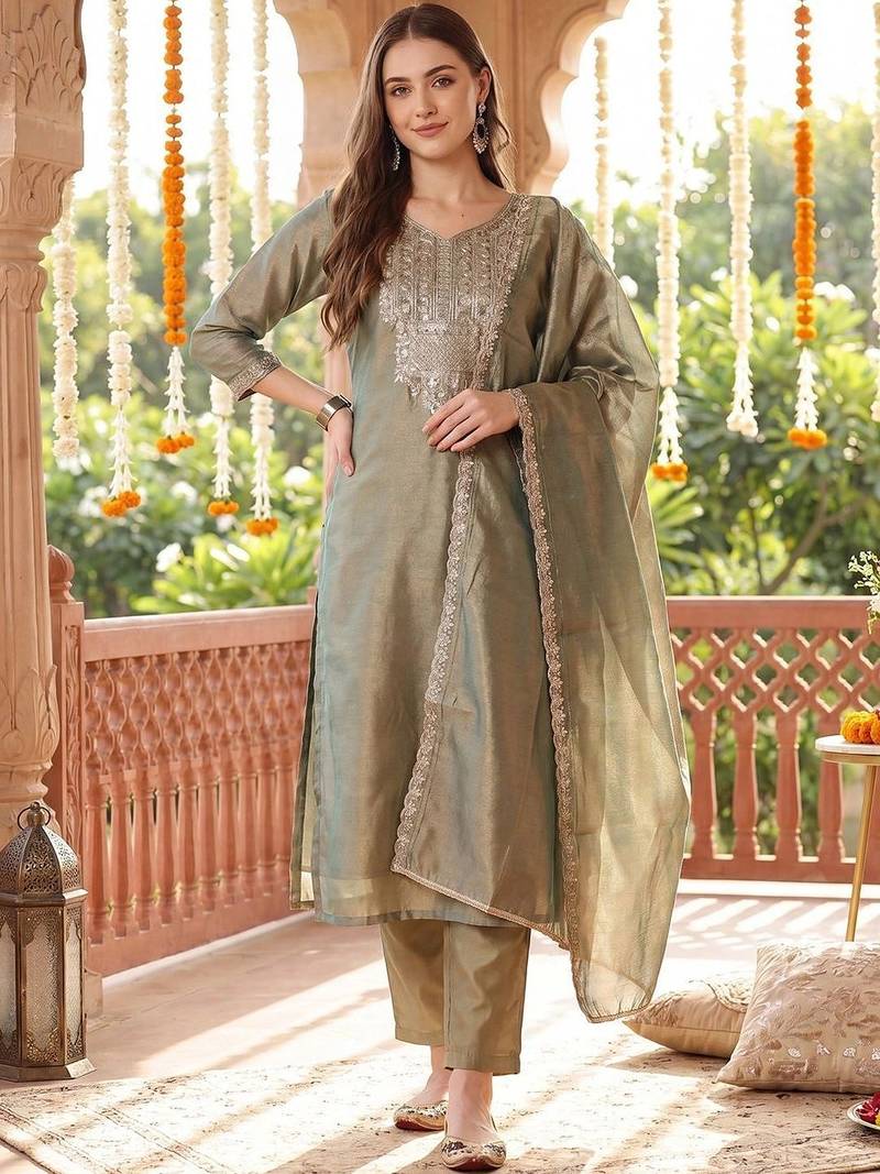women ethnic motifs embroidered regular liva kurta with trousers & with dupatta