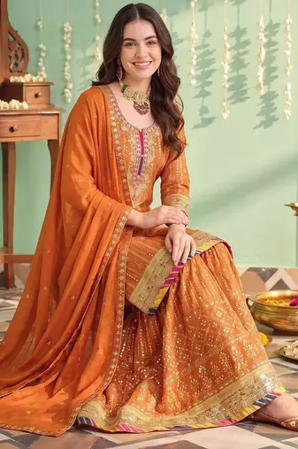 women ethnic motifs embroidered regular sequinned kurta with sharara & with dupatta