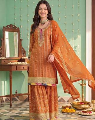 women ethnic motifs embroidered regular sequinned kurta with sharara & with dupatta 2
