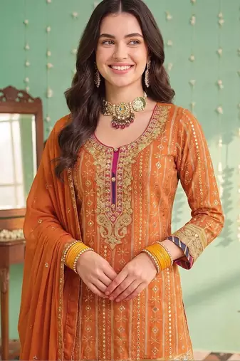 women ethnic motifs embroidered regular sequinned kurta with sharara & with dupatta