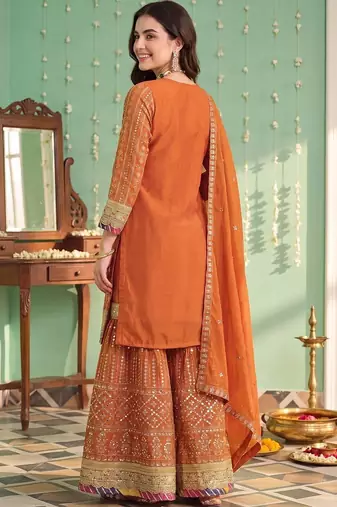 women ethnic motifs embroidered regular sequinned kurta with sharara & with dupatta