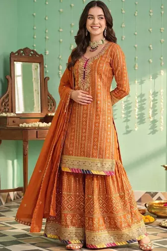women ethnic motifs embroidered regular sequinned kurta with sharara & with dupatta