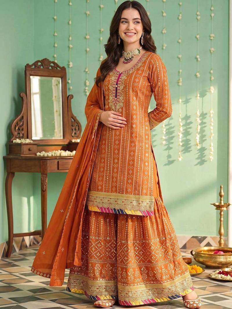 women ethnic motifs embroidered regular sequinned kurta with sharara & with dupatta
