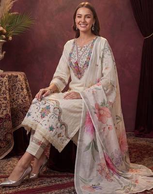 women ethnic motifs regular thread work cotton kurta with trousers & with dupatta 1