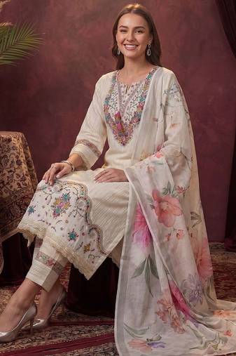 women ethnic motifs regular thread work cotton kurta with trousers & with dupatta