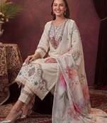 women ethnic motifs regular thread work cotton kurta with trousers & with dupatta