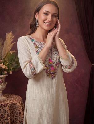 women ethnic motifs regular thread work cotton kurta with trousers & with dupatta 2