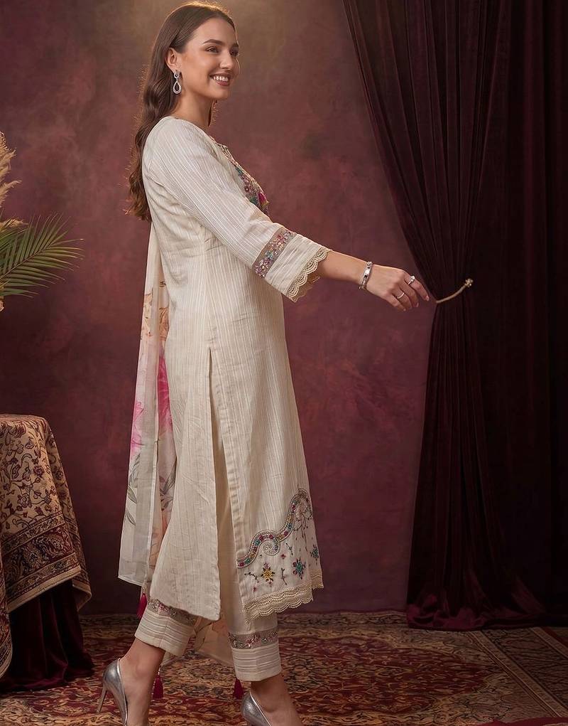 women ethnic motifs regular thread work cotton kurta with trousers & with dupatta
