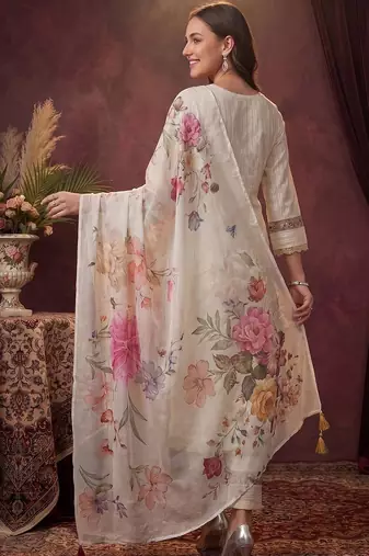 women ethnic motifs regular thread work cotton kurta with trousers & with dupatta