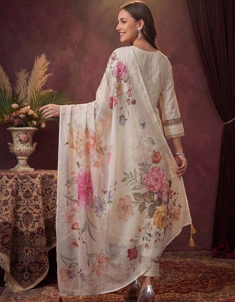 women ethnic motifs regular thread work cotton kurta with trousers & with dupatta