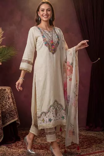 women ethnic motifs regular thread work cotton kurta with trousers & with dupatta