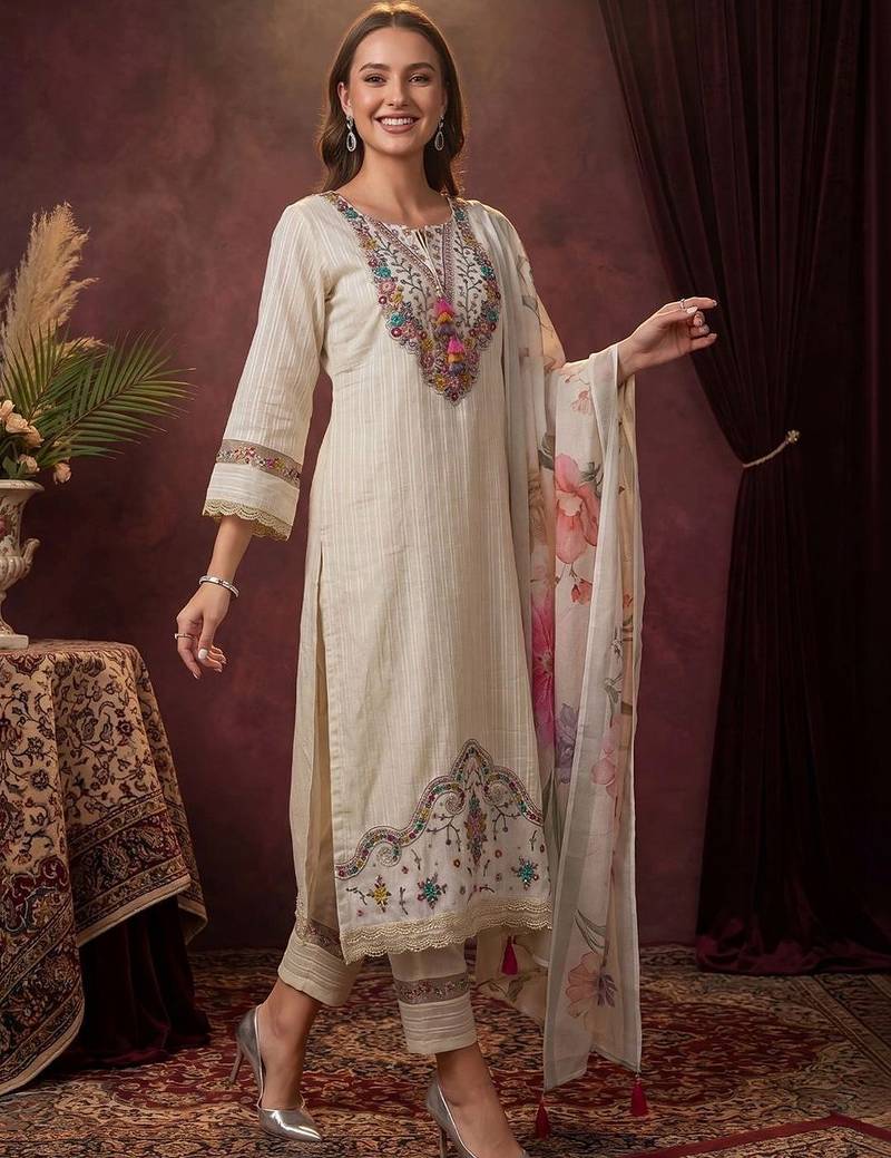 women ethnic motifs regular thread work cotton kurta with trousers & with dupatta
