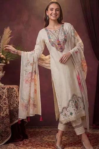 women ethnic motifs regular thread work cotton kurta with trousers & with dupatta