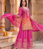 women ethnic motifs embroidered regular kurta with sharara & with dupatta