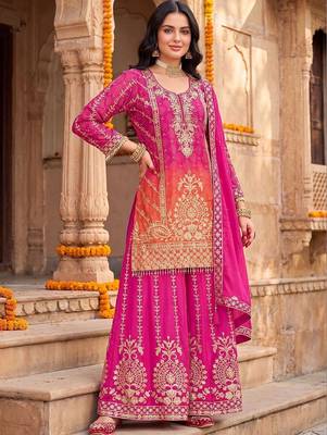 women ethnic motifs embroidered regular kurta with sharara & with dupatta 2