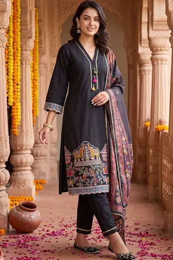 women ethnic motifs printed regular kurta with trousers & with dupatta