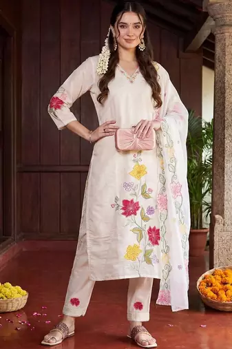 women floral embroidered regular thread work kurta with trousers & with dupatta