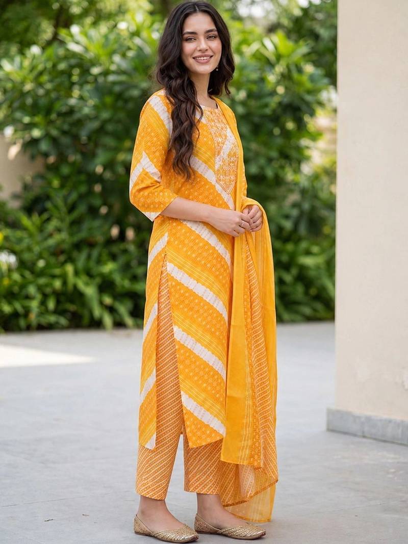 women leheriya dyed regular kurta with trousers & with dupatta