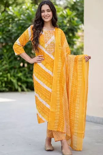 women leheriya dyed regular kurta with trousers & with dupatta