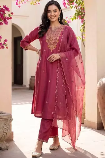 women ethnic motifs embroidered regular thread work kurta with trousers & with dupatta
