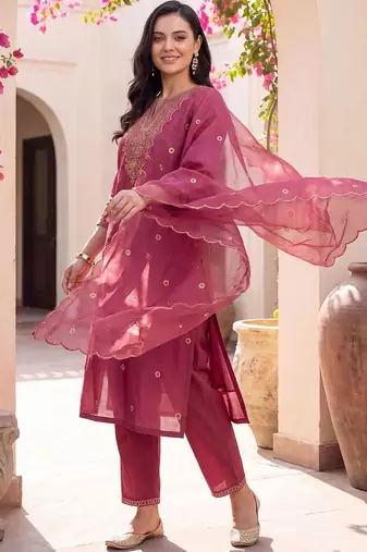 women ethnic motifs embroidered regular thread work kurta with trousers & with dupatta