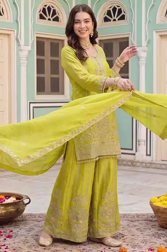 women ethnic motifs embroidered regular mirror work kurta with sharara & with dupatta