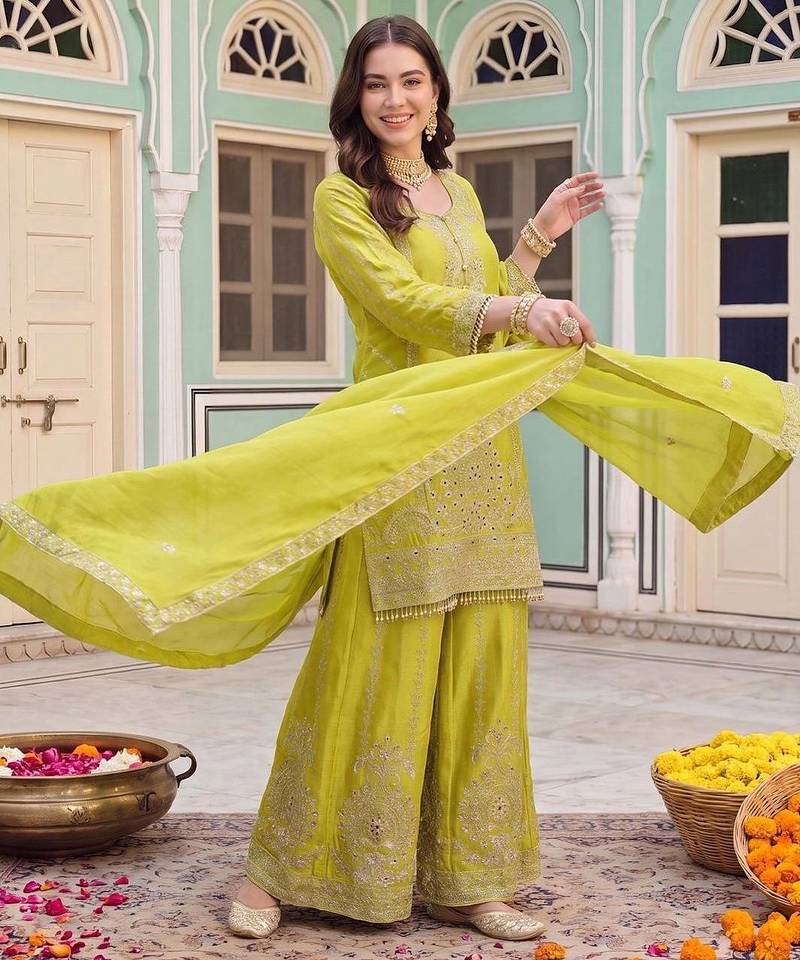 women ethnic motifs embroidered regular mirror work kurta with sharara & with dupatta