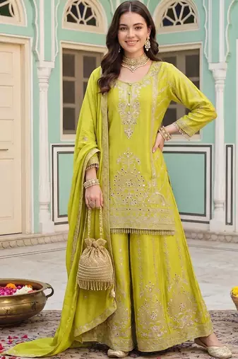 women ethnic motifs embroidered regular mirror work kurta with sharara & with dupatta